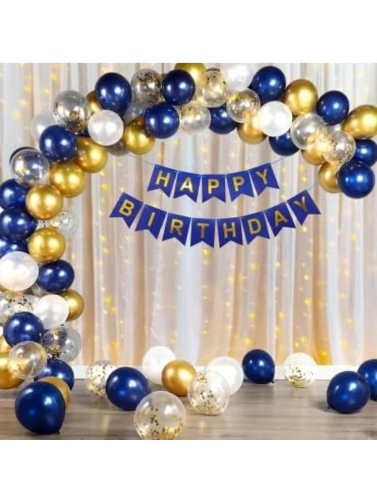     			PartyBooms Happy Birthday Blue Banner, 50 Blue, Gold, White Metalic Balloons & 10 Confetti Balloon, (Pack of 101)