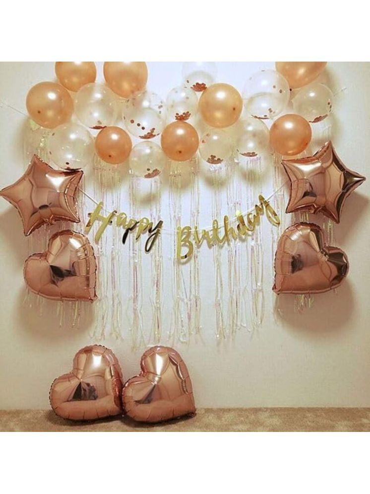     			PartyBooms Happy Birthday RoseGold Cursive Decoration Item, 4 Rosegold Heart Foil, 2 RoseGold Stars, 10 RoseGold, 10 Confetti Balloon Pack Of 27