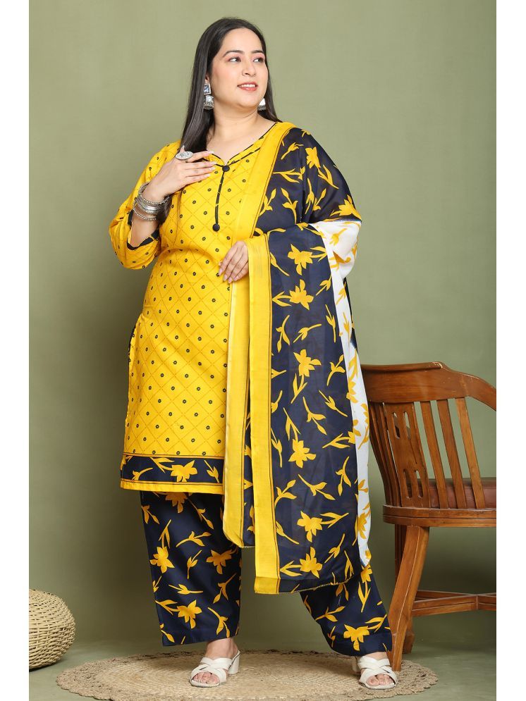     			Rajnandini Cotton Blend Printed Kurti With Palazzo Women's Stitched Salwar Suit - Mustard ( Pack of 1 )