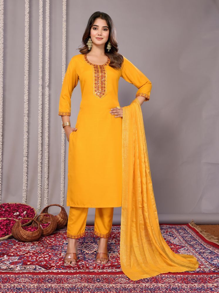     			Royal Export Cotton Blend Embroidered Kurti With Pants Women's Stitched Salwar Suit - Yellow ( Pack of 1 )