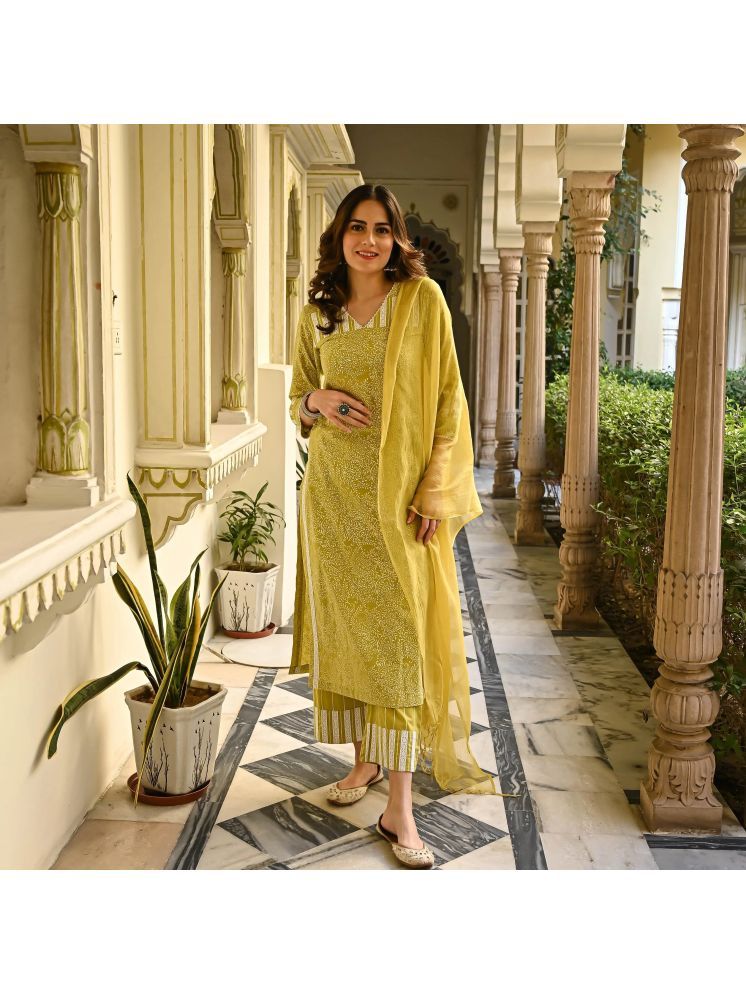     			Royal Export Cotton Blend Printed Kurti With Pants Women's Stitched Salwar Suit - Yellow ( Pack of 1 )