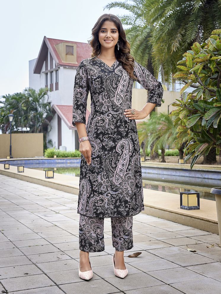     			Royal Export Viscose Printed Kurti With Palazzo Women's Stitched Salwar Suit - Black ( Pack of 1 )