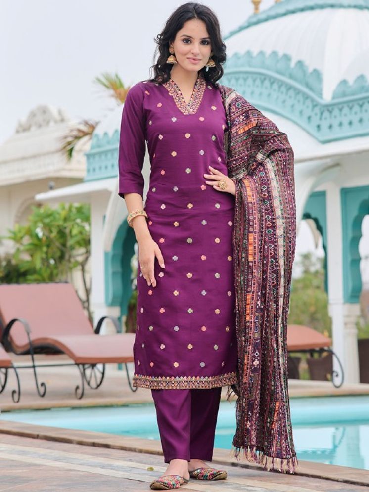     			Vividvibe Chanderi Embroidered Kurti With Pants Women's Stitched Salwar Suit - Purple ( Pack of 1 )