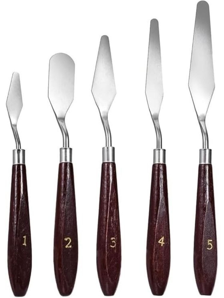     			Freedy  Palette Painting Knives - Set of 5 Various Sizes & Shapes, Stainless Steel Scraper Spatula with Polished Brown Handle for Artist Canvas Oil Paint Mixing Colour(L)