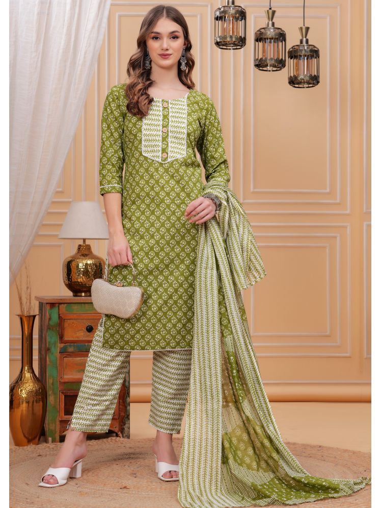     			JC4U Cotton Printed Kurti With Pants Women's Stitched Salwar Suit - Green ( Pack of 1 )