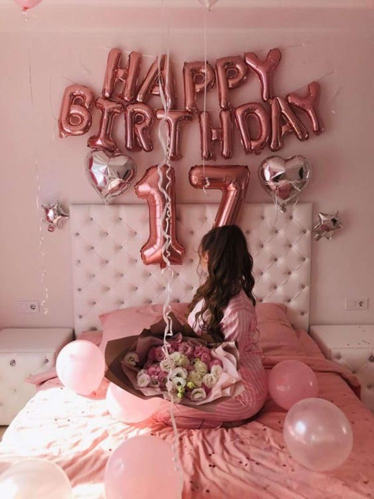     			PartyBooms Happy Birthday RoseGold Decoration Item, 17 Rosegold Number Foil, 4 RoseGold Heart, Pack Of 7