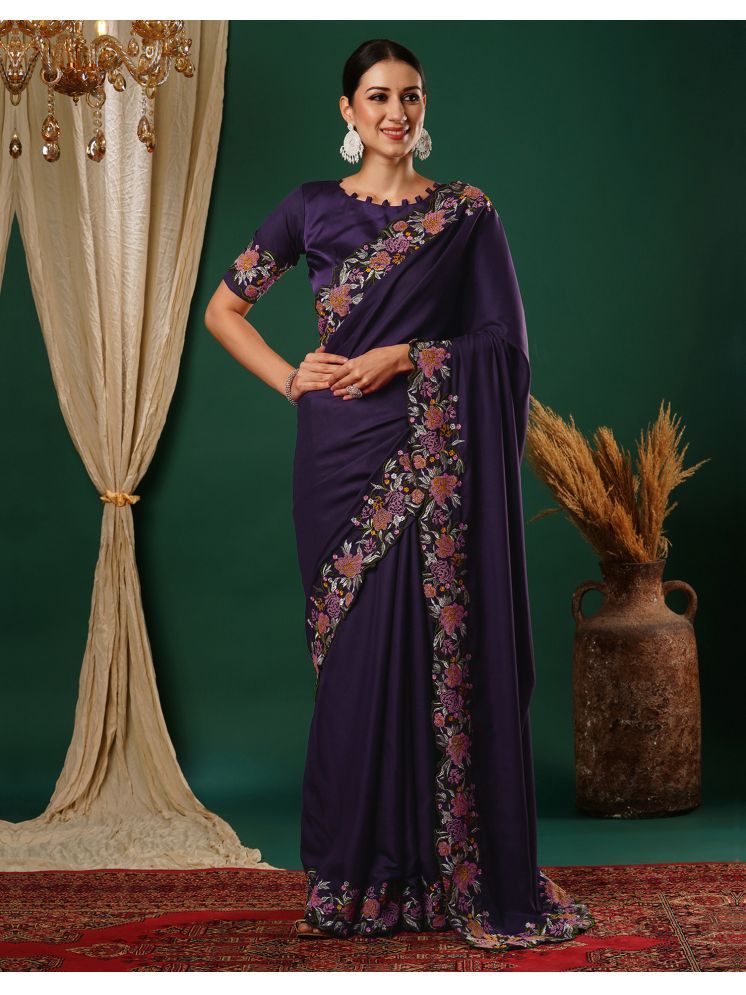     			Samah Pack of 1 Satin Embroidered Saree With Blouse Piece ( Purple )