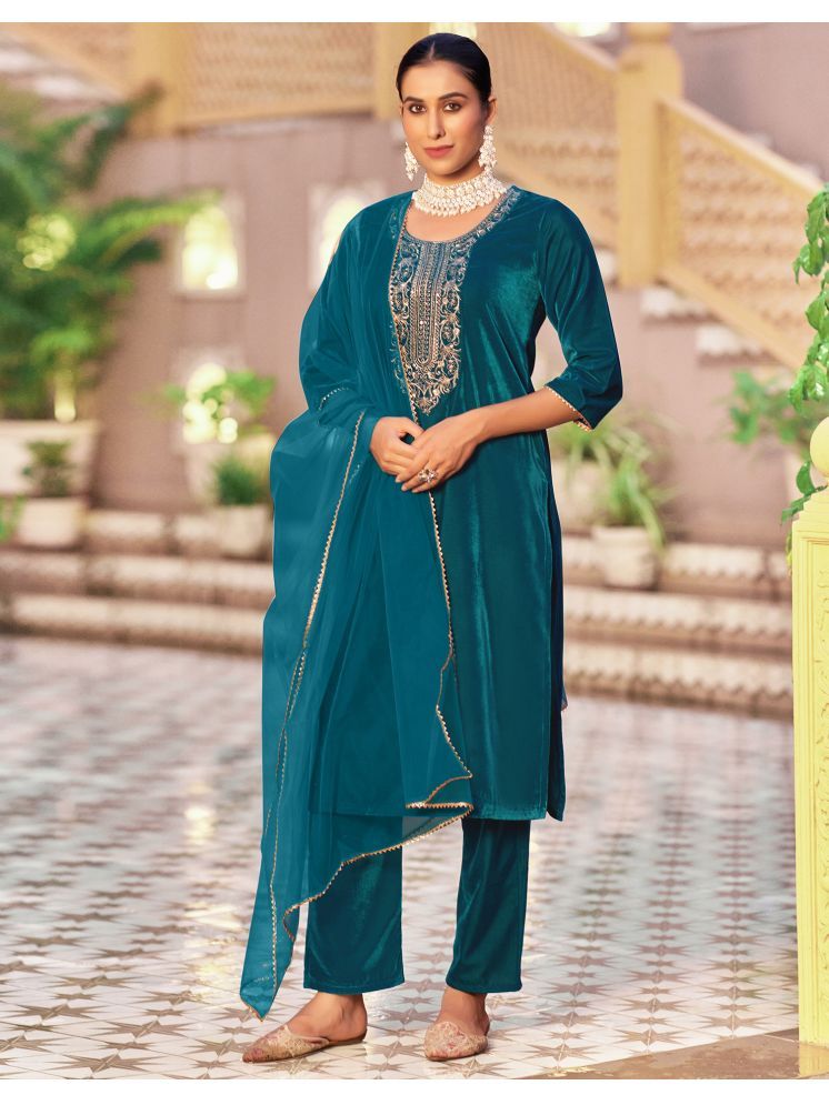     			Skylee Velvet Embellished Kurti With Pants Women's Stitched Salwar Suit - Teal ( Pack of 1 )