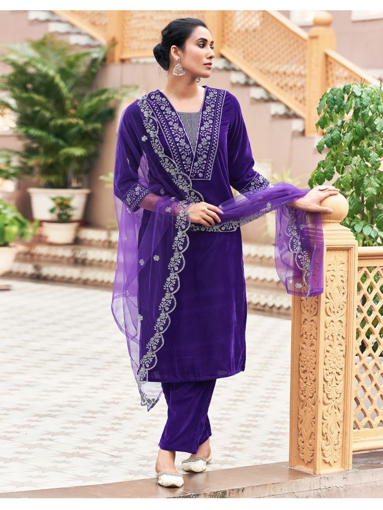     			Skylee Velvet Embellished Kurti With Pants Women's Stitched Salwar Suit - Violet ( Pack of 1 )