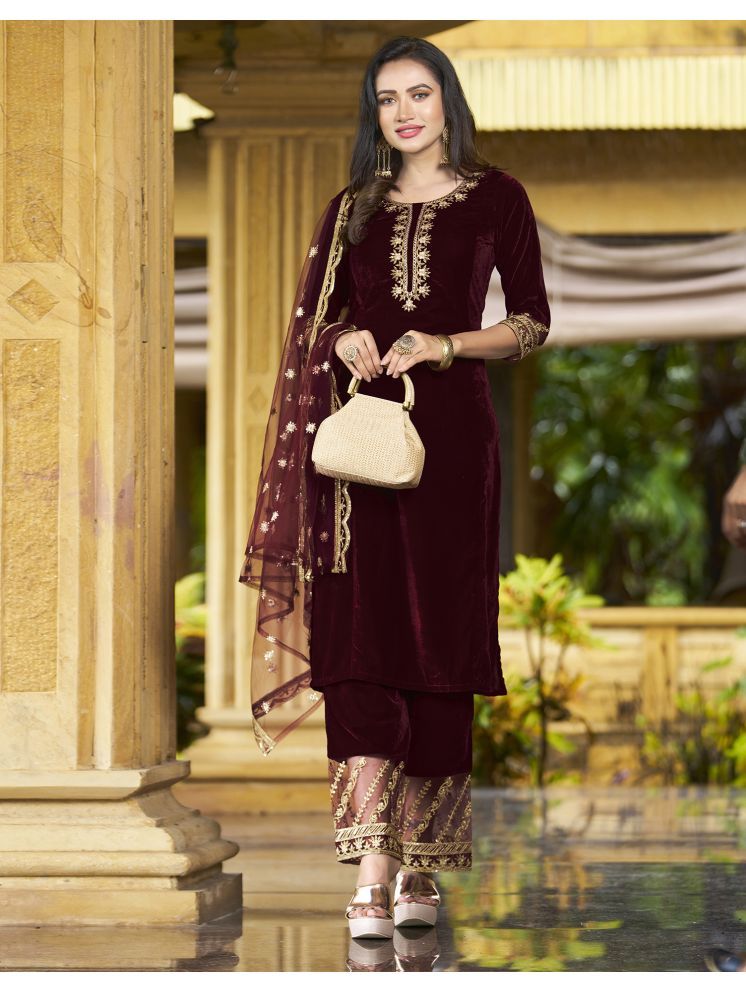     			Skylee Velvet Embellished Kurti With Pants Women's Stitched Salwar Suit - Maroon ( Pack of 1 )