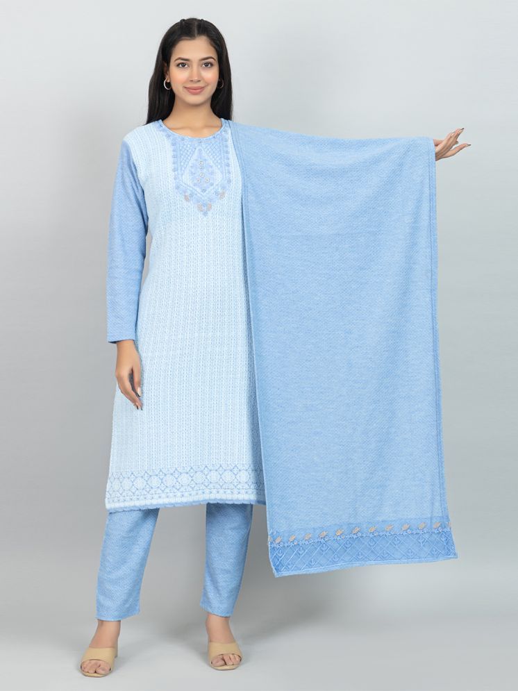     			woolkart Woollen Embroidered Kurti With Pants Women's Stitched Salwar Suit - Blue ( Pack of 1 )