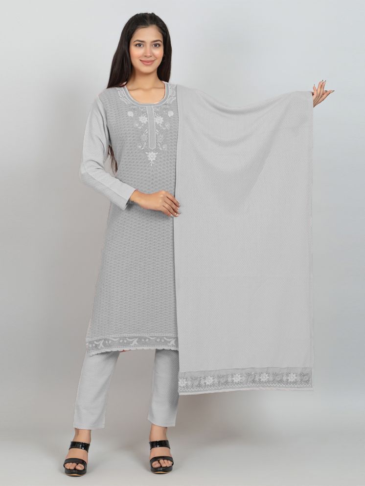     			woolkart Woollen Embroidered Kurti With Pants Women's Stitched Salwar Suit - Grey ( Pack of 1 )