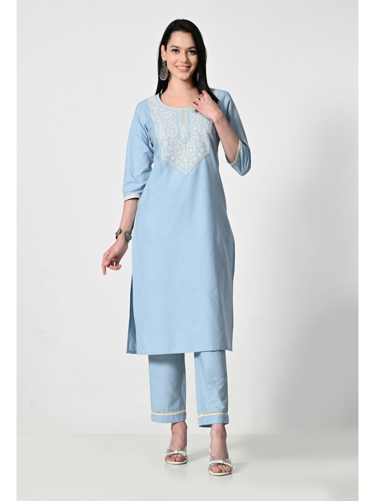     			ALL WAYS YOU Cotton Blend Embroidered Kurti With Pants Women's Stitched Salwar Suit - Blue ( Pack of 1 )