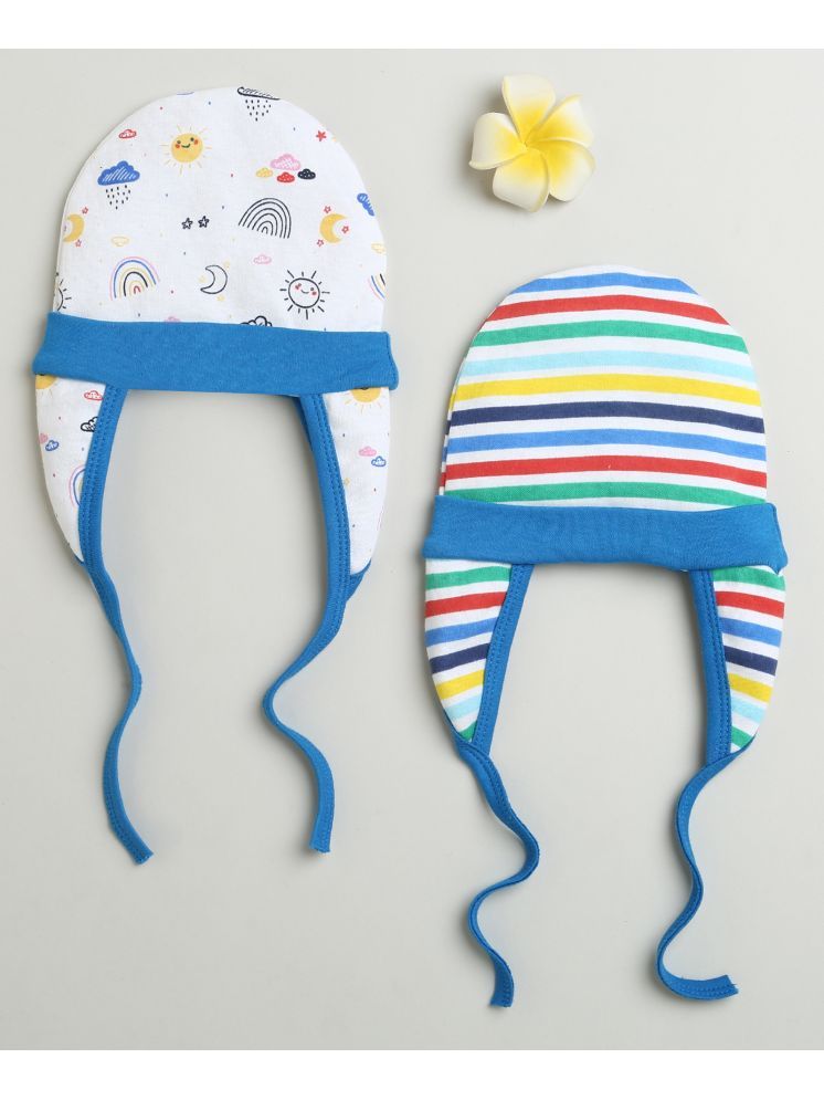     			BUMZEE Blue & Multi Baby Boys Ear Flap Tying Cap Pack Of 2 Age - 0-3 Months