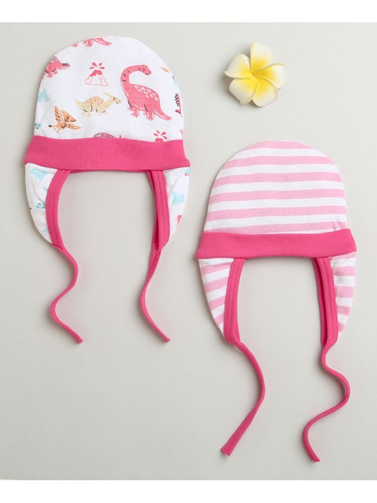     			BUMZEE pink & White Baby Girls Ear Flap Tying Cap Pack Of 2 Age - 0-3 Months