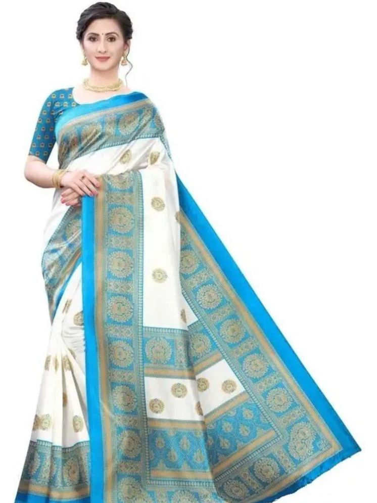     			Grubstaker Pack of 1 Art Silk Printed Saree With Blouse Piece ( White,SkyBlue )