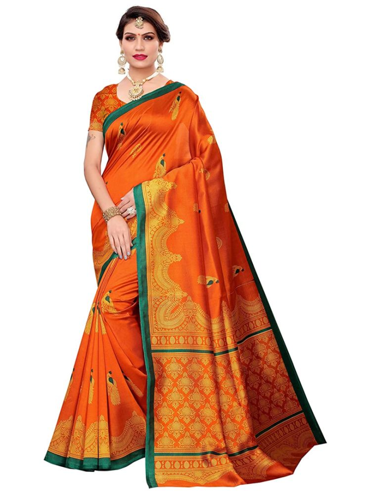     			Grubstaker Pack of 1 Art Silk Printed Saree With Blouse Piece ( Orange )