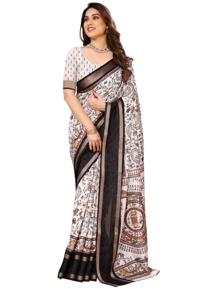     			Sidhidata Pack of 1 Silk Blend Printed Saree With Blouse Piece ( White )