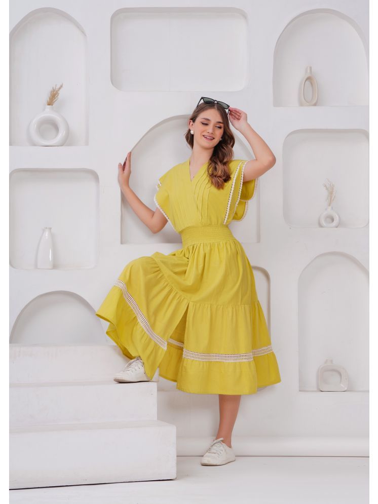     			HIGHLIGHT FASHION EXPORT Cotton Self Design Midi Women's Fit & Flare Dress - Yellow ( Pack of 1 )