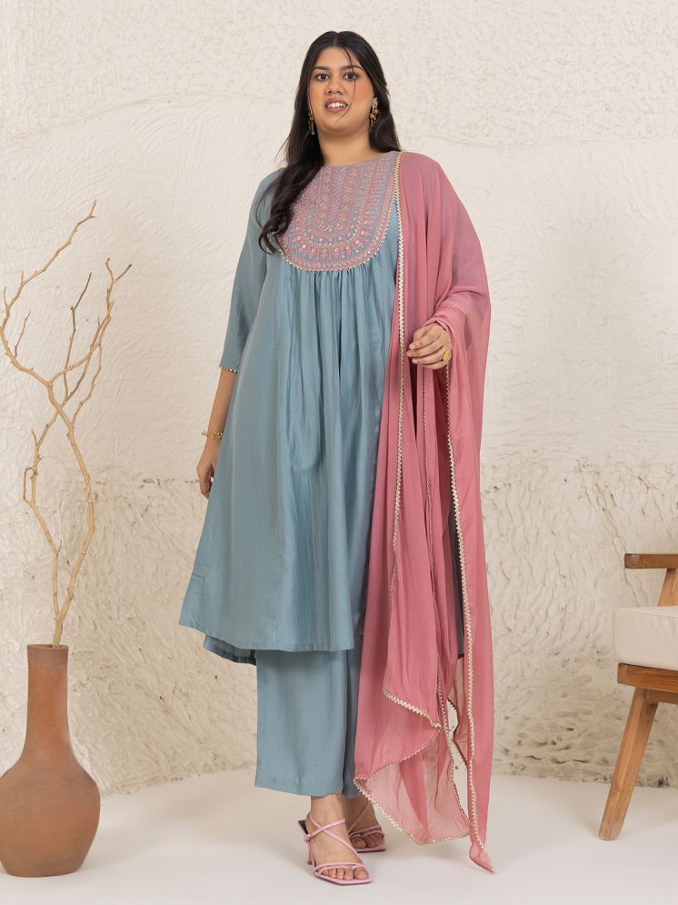     			Janasya Silk Blend Embroidered Kurti With Palazzo Women's Stitched Salwar Suit - Light Blue ( Pack of 1 )