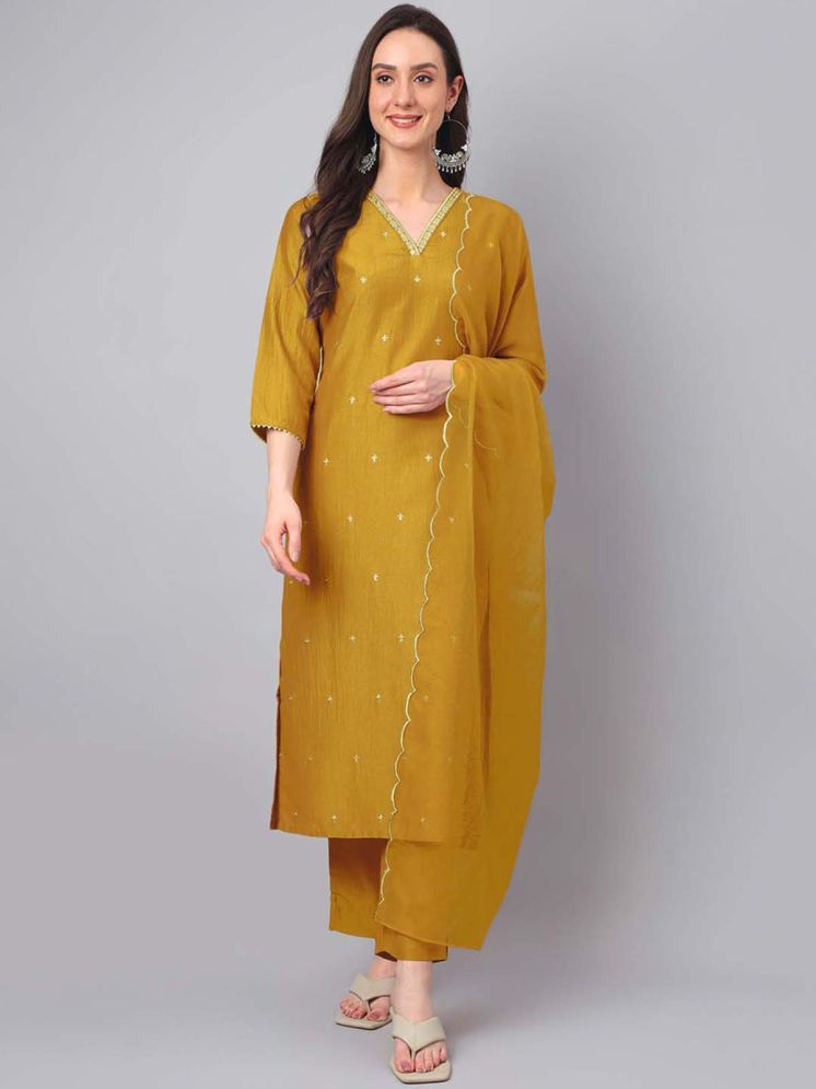     			Janasya Silk Blend Embroidered Kurti With Pants Women's Stitched Salwar Suit - Mustard ( Pack of 1 )