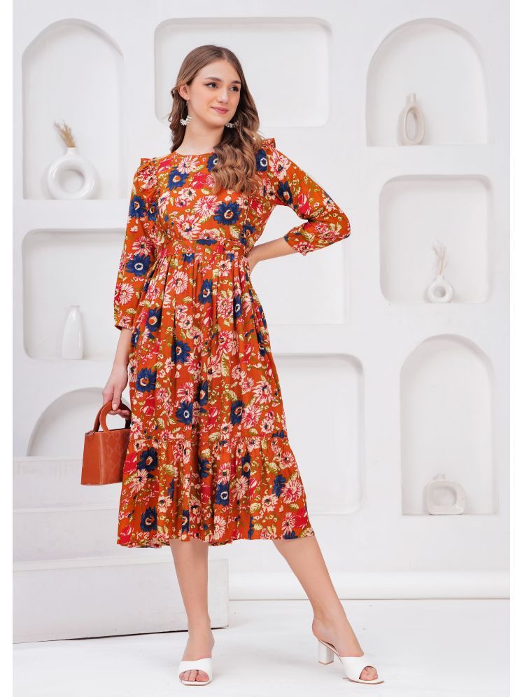     			Jyoti Viscose Printed Midi Women's Fit & Flare Dress - Orange ( Pack of 1 )