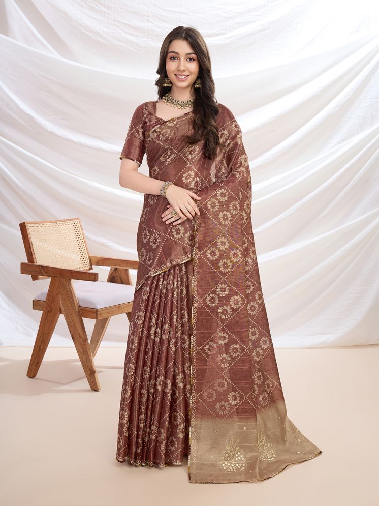     			MANTROTSAV Pack of 1 Tissue Printed Saree With Blouse Piece ( Brown )