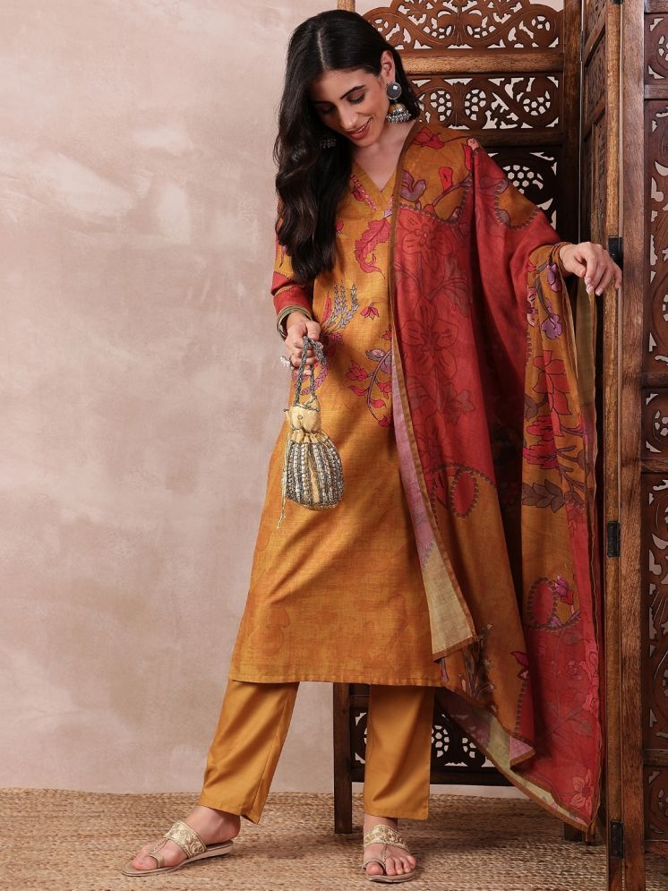     			Vaamsi Silk Blend Printed Kurti With Pants Women's Stitched Salwar Suit - Mustard ( Pack of 1 )