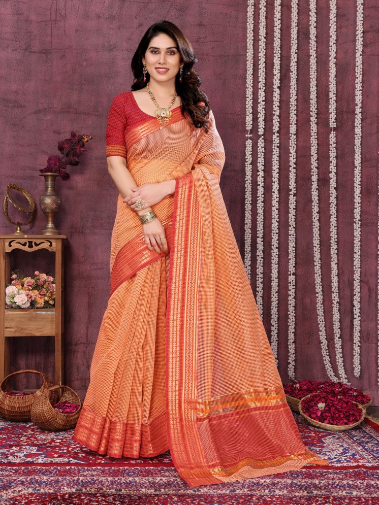     			Sidhidata Pack of 1 Cotton Blend Checks Saree With Blouse Piece ( Peach )