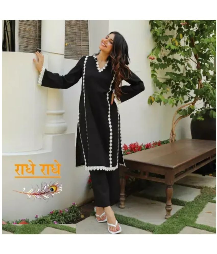     			Gobya Rayon Solid Kurti With Pants Women's Stitched Salwar Suit - Black ( Pack of 1 )