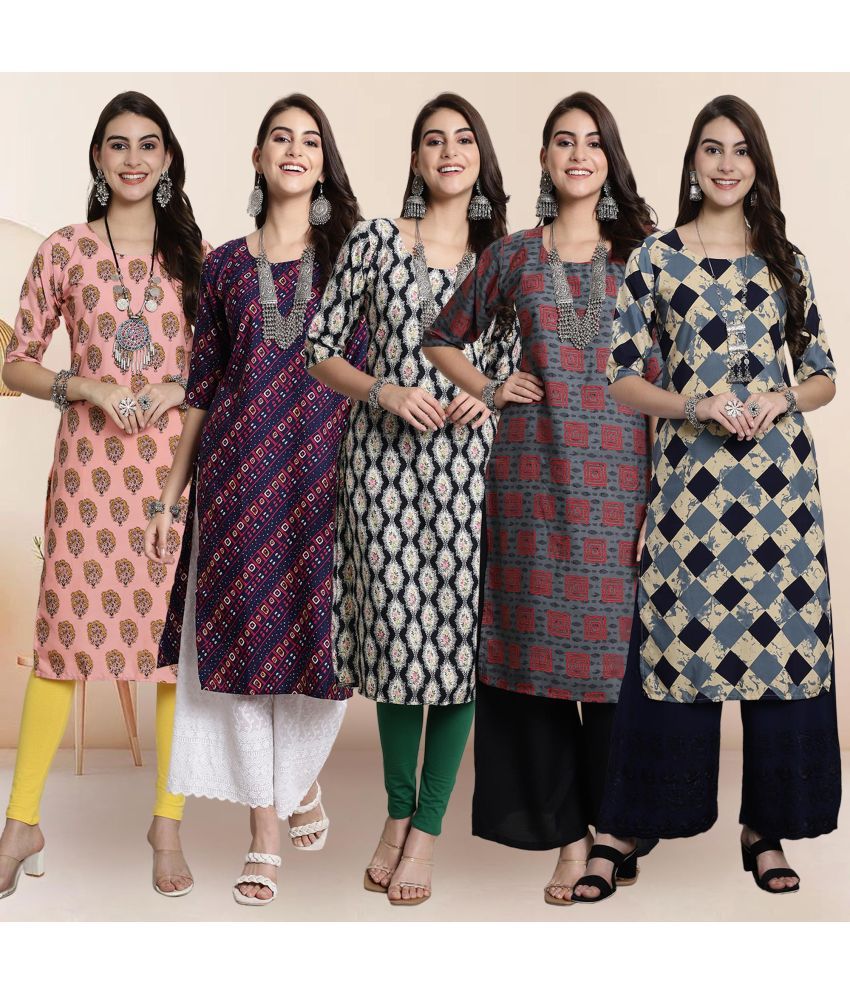     			1 Stop Fashion Pack of 5 Crepe Printed Straight Women's Kurti - ( Multicolor )