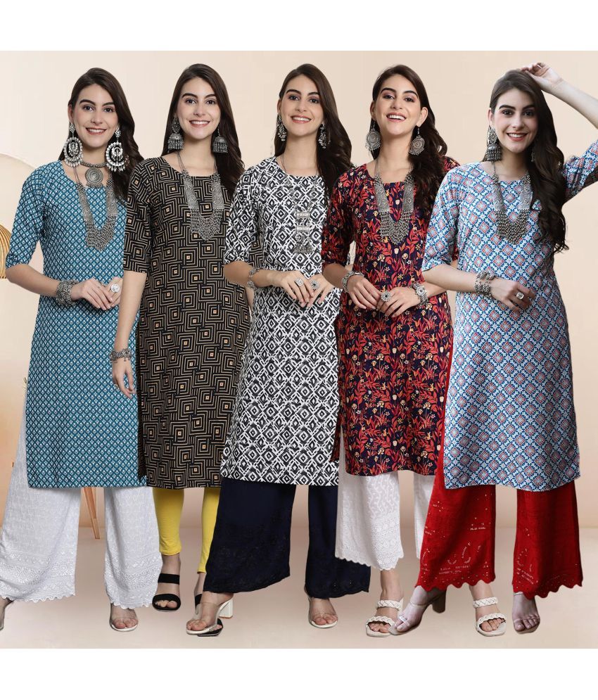     			1 Stop Fashion Pack of 5 Crepe Printed Straight Women's Kurti - ( Multicolor2 )