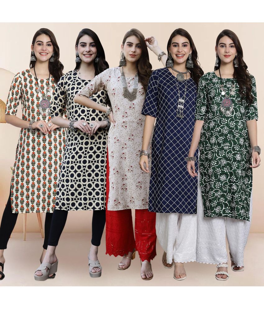     			1 Stop Fashion Pack of 5 Crepe Printed Straight Women's Kurti - ( Multicolor2 )