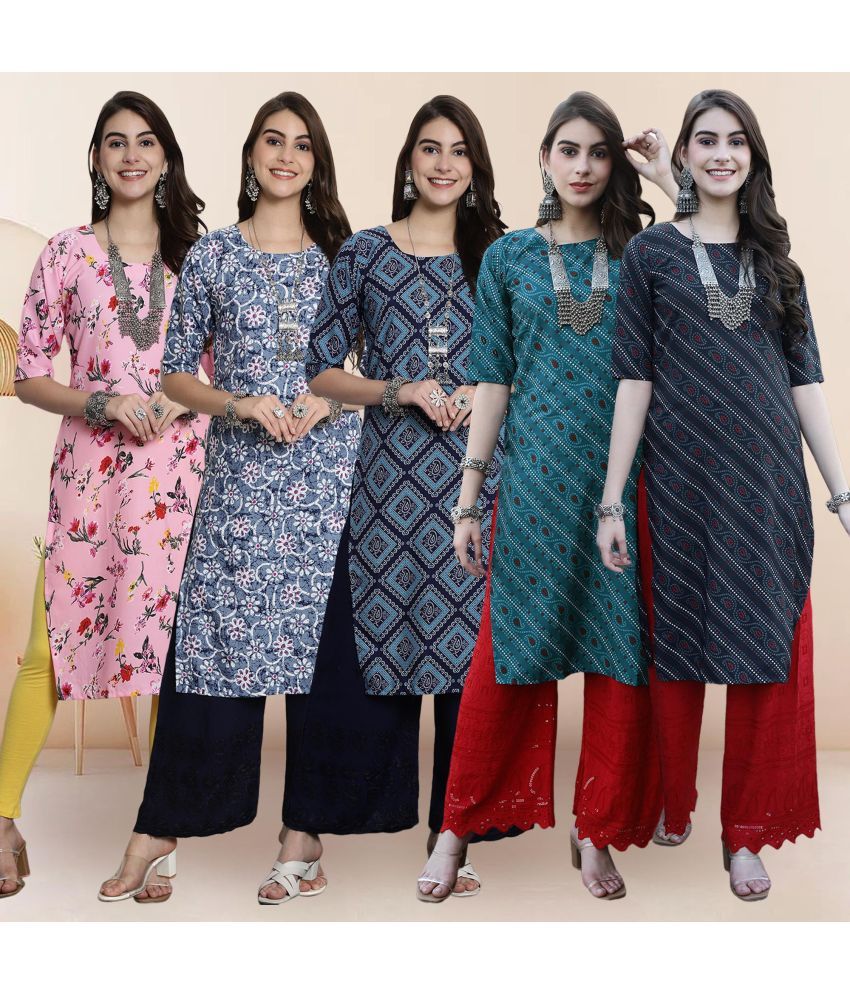     			1 Stop Fashion Pack of 5 Crepe Printed Straight Women's Kurti - ( Multicolor1 )