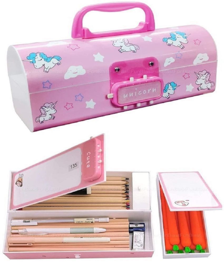     			DENFE Plastic Kids Pen & Pencil Box-Suitcase Style Password Lock Pencil Case,Multi-Layer Pencil Box For Kids, Boys, Girls, Stationary Organizer Case For Kids, (Unicorn )