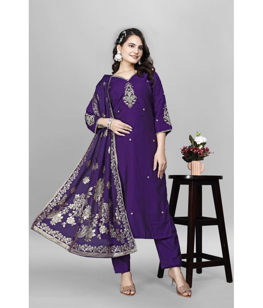     			Devakii Viscose Printed Kurti With Pants Women's Stitched Salwar Suit - Purple ( Pack of 1 )