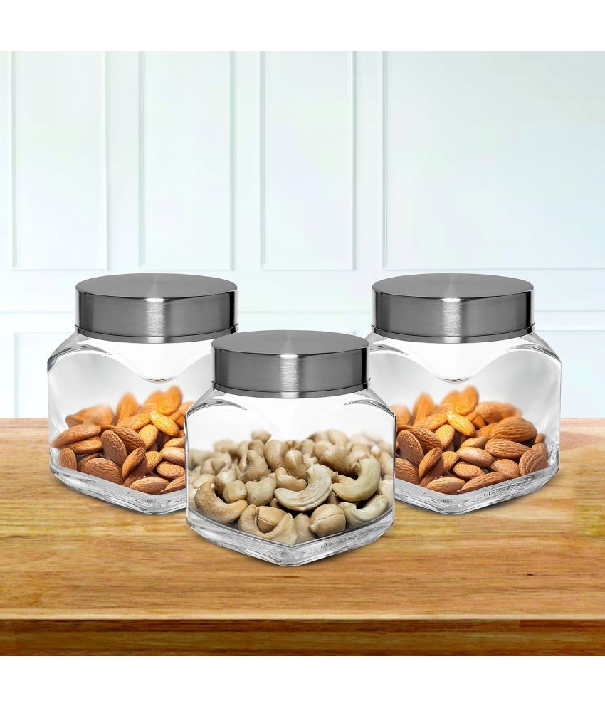     			ROXX Glass Jar with Lid Glass Transparent Multi-Purpose Container ( Set of 3 )