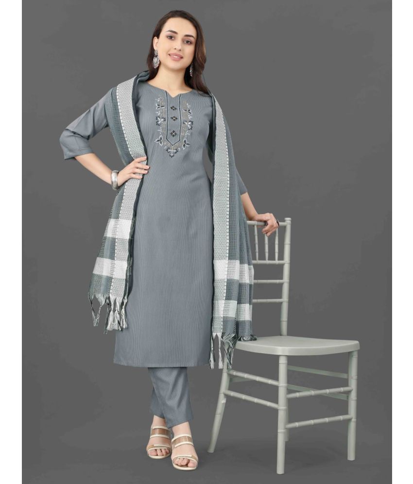     			Rameshwaram creative Cotton Blend Embroidered Kurti With Pants Women's Stitched Salwar Suit - Grey ( Pack of 1 )