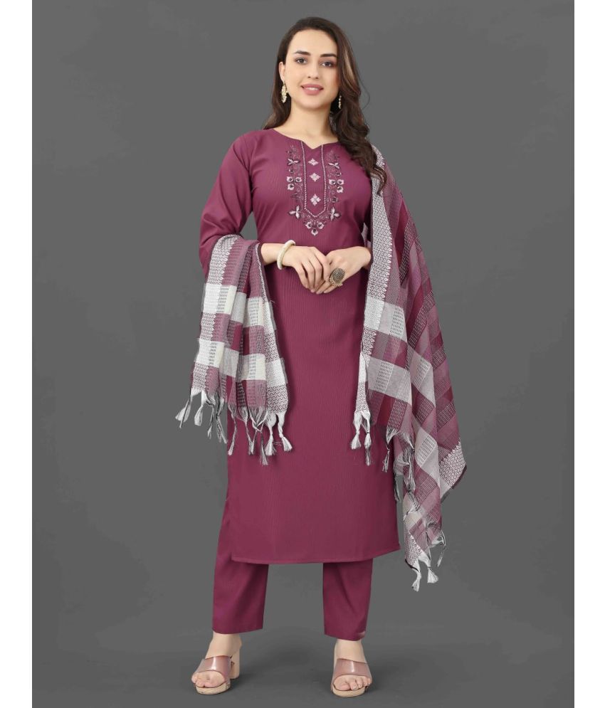     			Rameshwaram creative Cotton Blend Embroidered Kurti With Pants Women's Stitched Salwar Suit - Purple ( Pack of 1 )