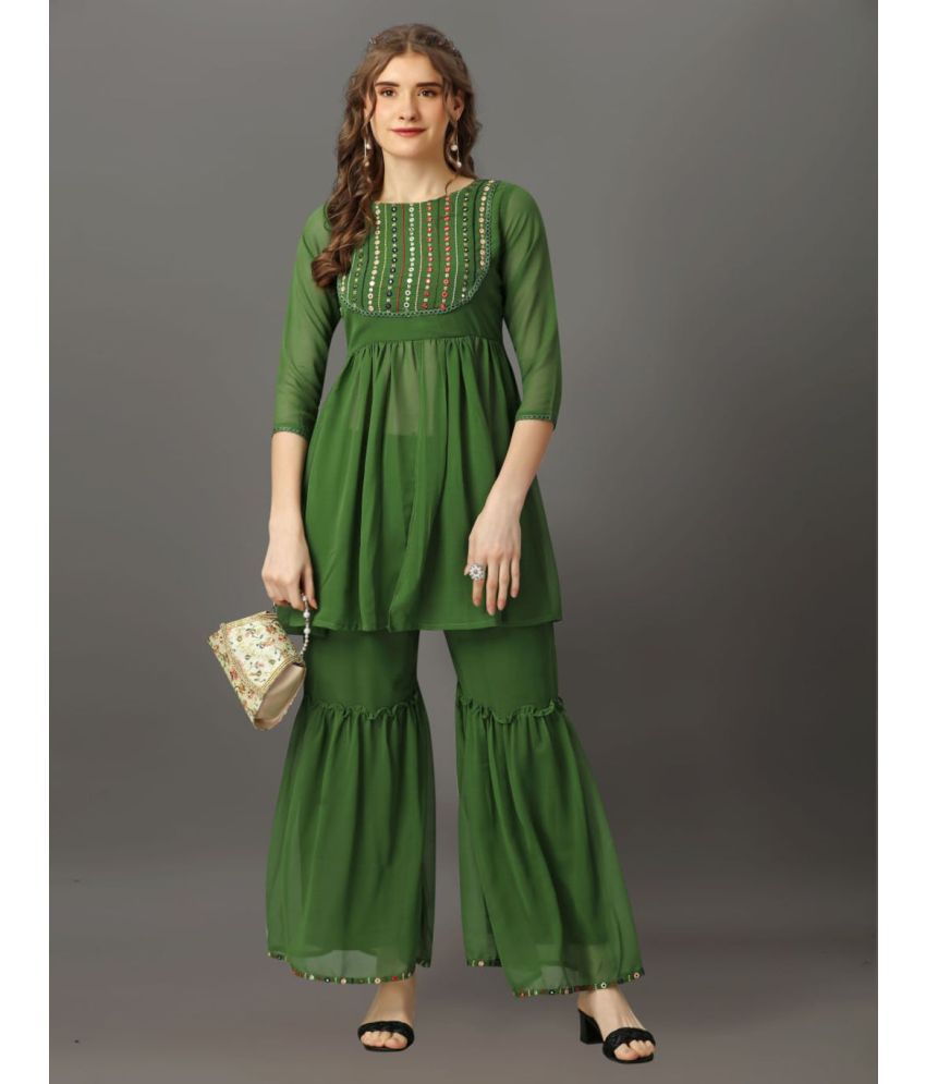     			Rameshwaram creative Georgette Embroidered Kurti With Sharara And Gharara Women's Stitched Salwar Suit - Green ( Pack of 1 )