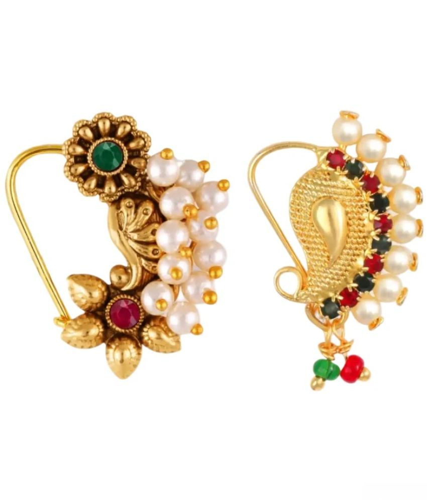     			Vivastri"s Premium & Unique Pearl Beaded White Moti Studded Gold Plated Alloy Colourfull Nosepin For Women & Girls-VIVA1286-1020NTH-TAR-MULTI