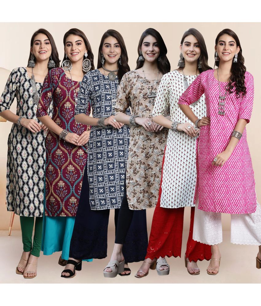     			1 Stop Fashion Pack of 6 Crepe Printed Straight Women's Kurti - ( Multicolor3 )