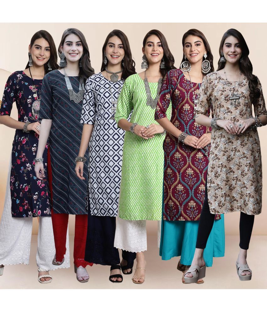     			1 Stop Fashion Pack of 6 Crepe Printed Straight Women's Kurti - ( Multicolor2 )