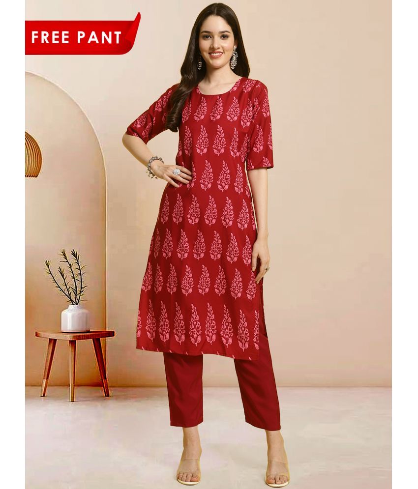     			Ethnicbasket Pack of 1 Crepe Printed Straight Women's Kurti - ( Red )