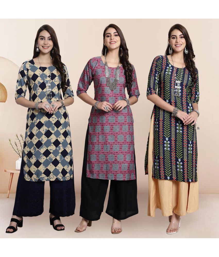     			Ethnicbasket Pack of 3 Crepe Printed Straight Women's Kurti - ( Multicolor1 )