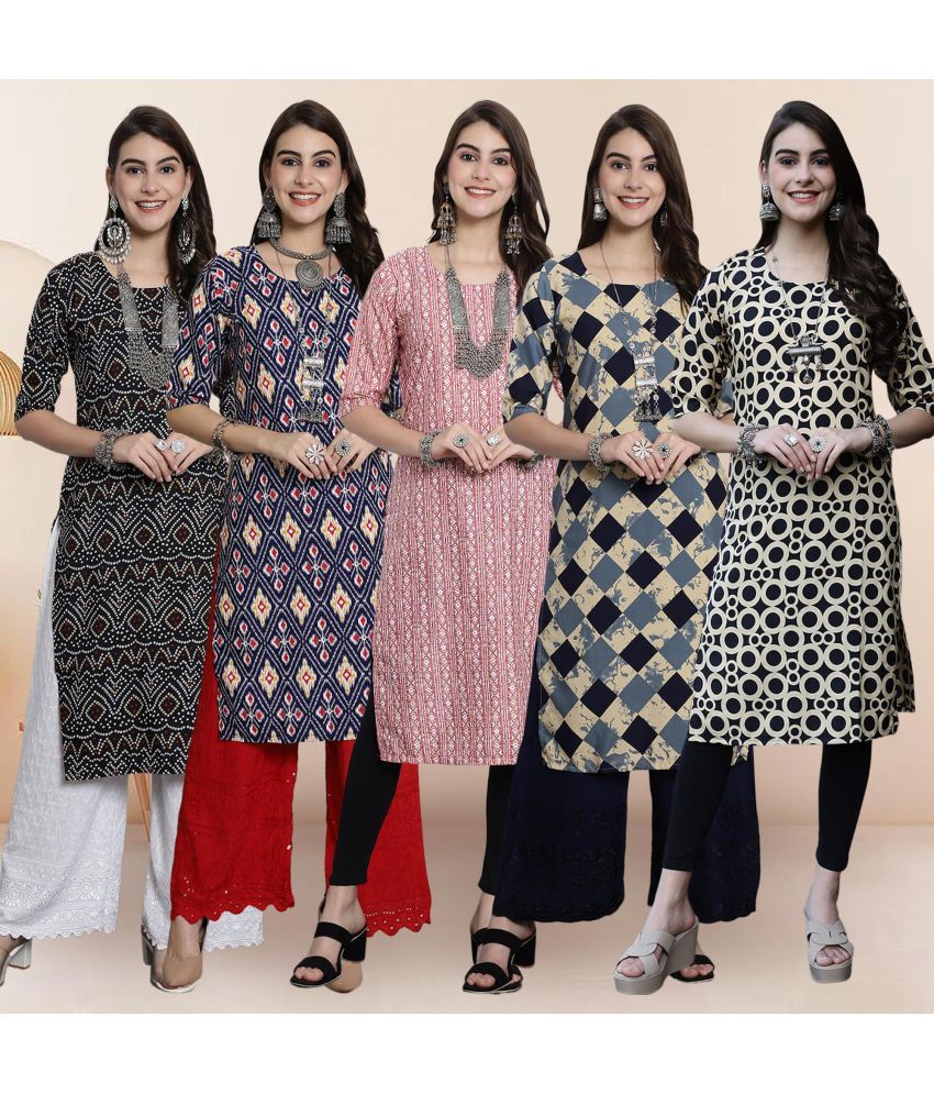     			Ethnicbasket Pack of 5 Crepe Printed Straight Women's Kurti - ( Multicolor3 )