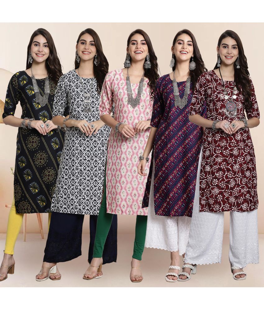     			Ethnicbasket Pack of 5 Crepe Printed Straight Women's Kurti - ( Multicolor2 )