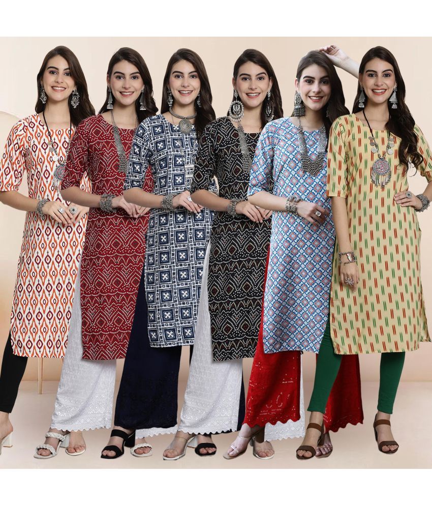     			Ethnicbasket Pack of 6 Crepe Printed Straight Women's Kurti - ( Multicolor2 )