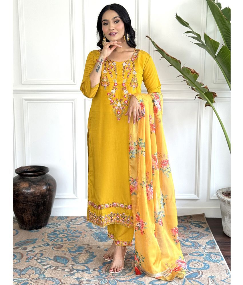     			Trijal Fab Cotton Silk Embroidered Kurti With Pants Women's Stitched Salwar Suit - Yellow ( Pack of 1 )