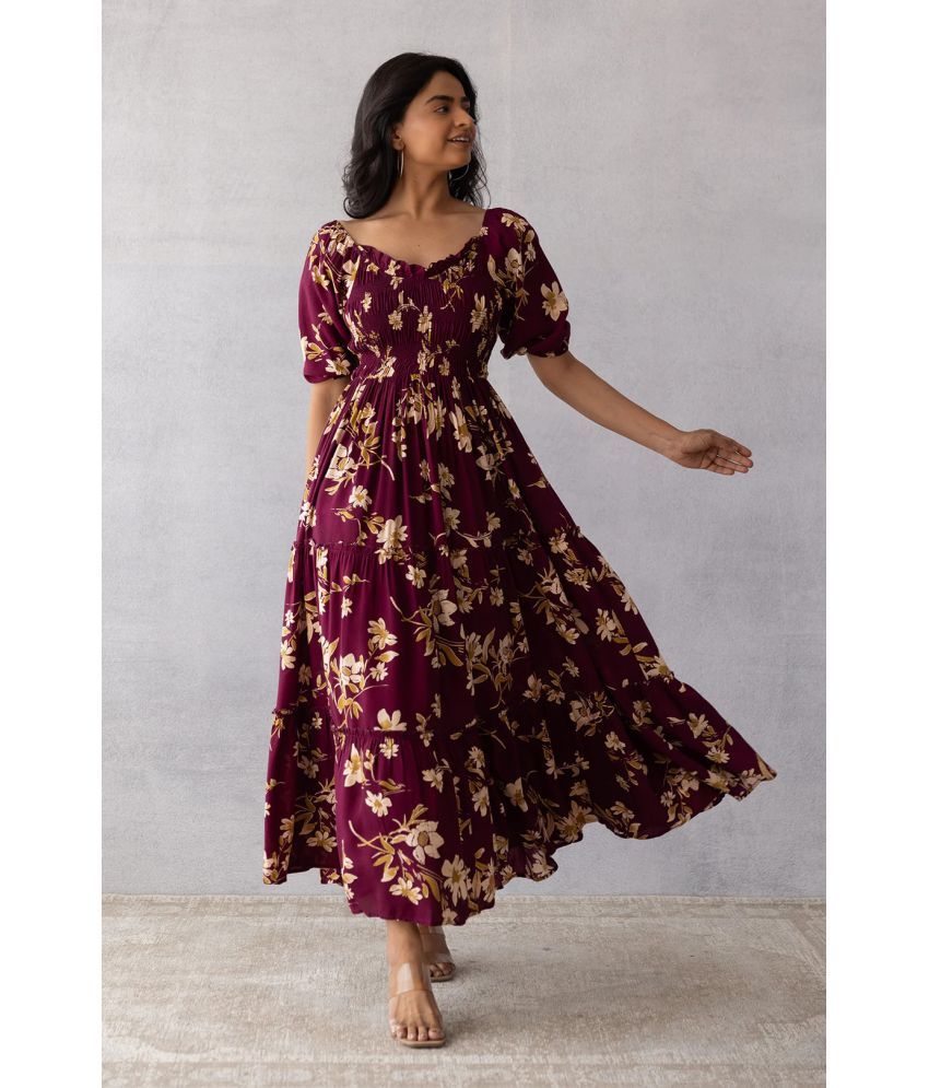     			Trijal Fab Crepe Printed Ankle Length Women's Fit & Flare Dress - Wine ( Pack of 1 )